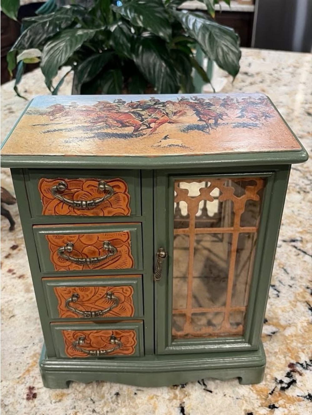 Hand-Painted Green and Tan Western Jewelry Cabinet with Glass Door
